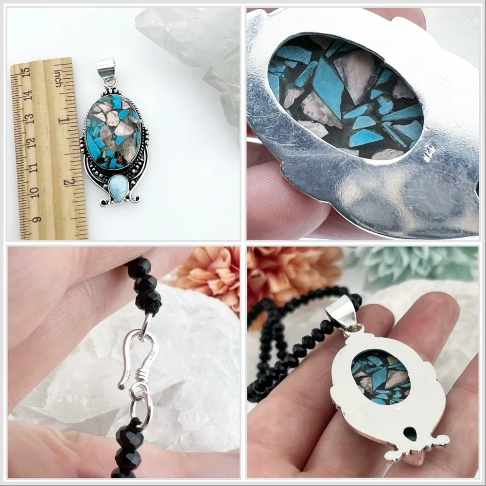 Solid 925 Set Blue Jasper Pink Opal Larimar Pendant Spinel Necklace Earrings - Picture 8 of 8